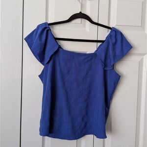 Cupio Blue Seersucker Square Neck Flutter Sleeve Blouse Top Women’s L/XL Spring